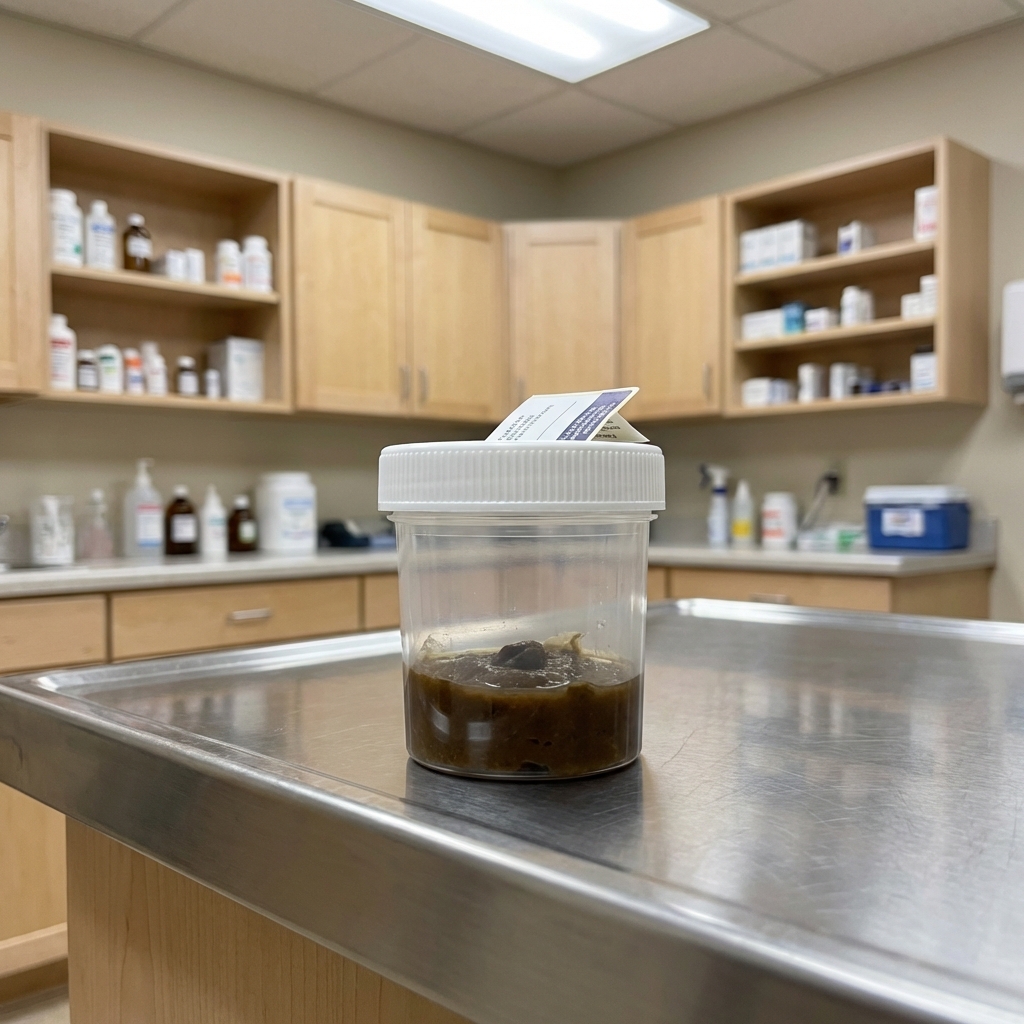 A close-up photo of a sealed stool sample container on a veterinary clinic counter