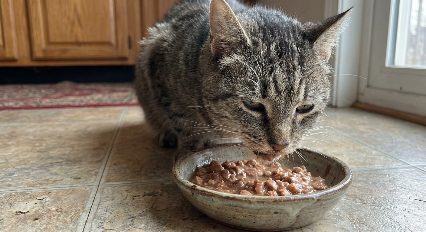 A close-up photo of a senior cat eating wet food from a ceramic bowl on a kitchen floor