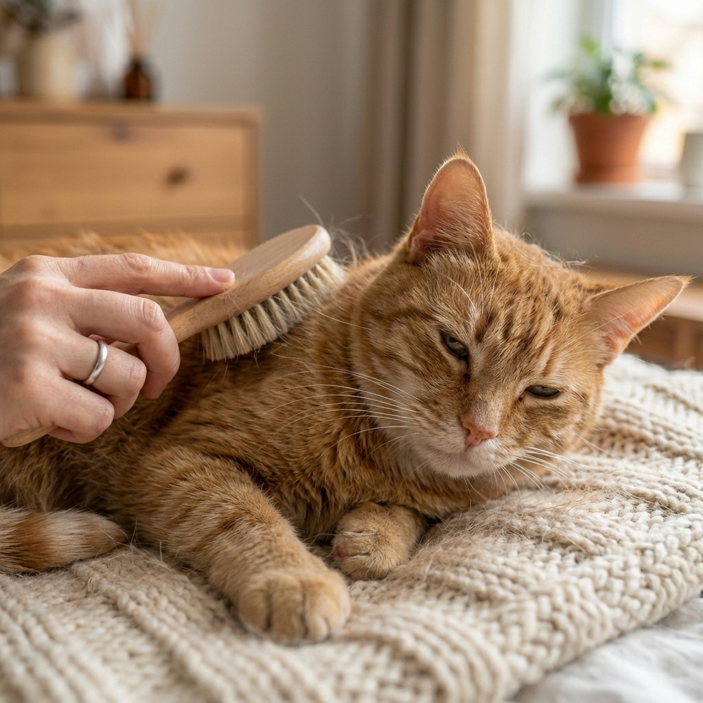 A close-up photo of a senior cat with a dull coat being gently brushed