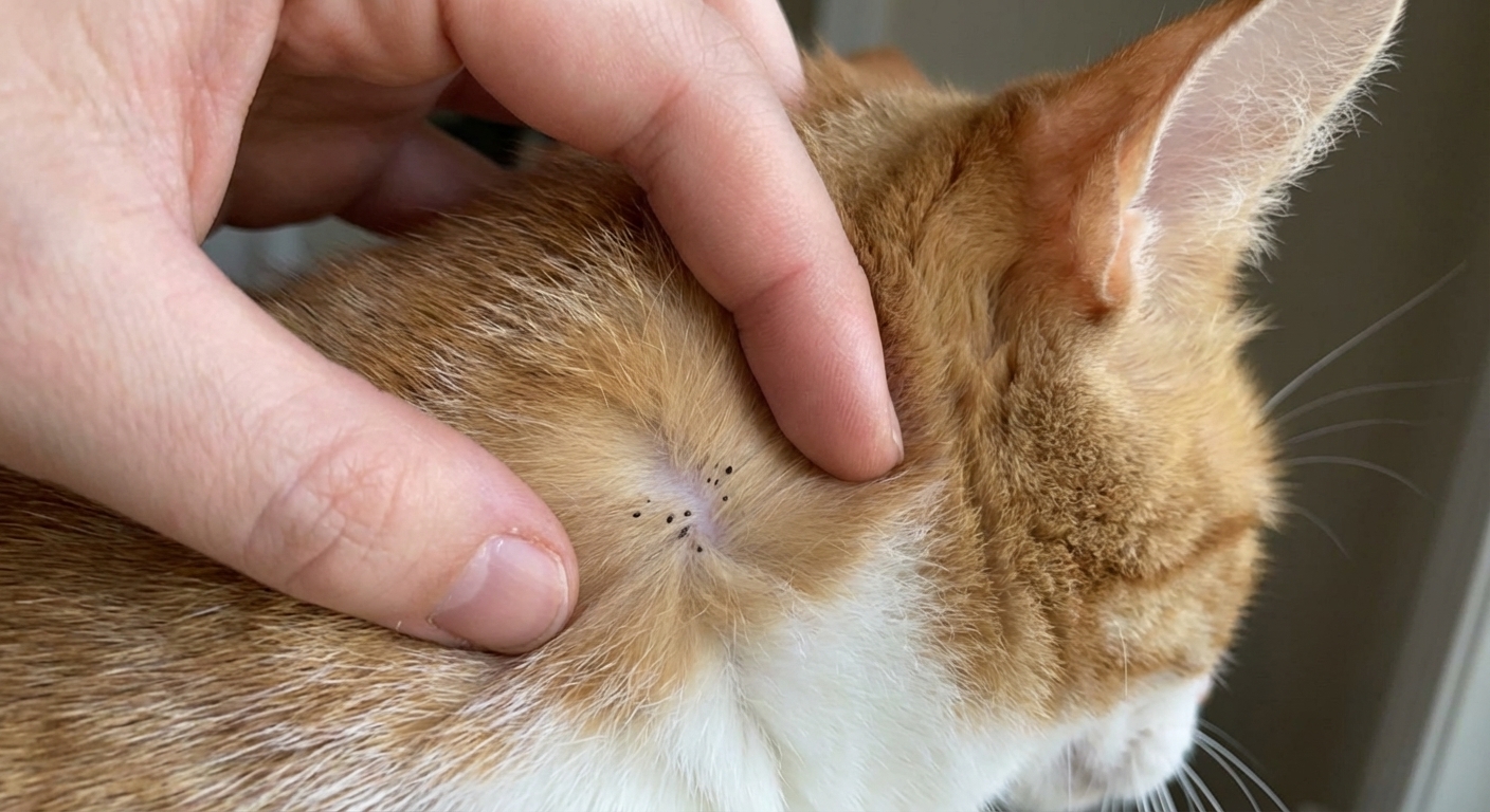A close-up photo of a short-haired cat’s neck fur being parted to reveal tiny black specks near the skin under natural indoor light