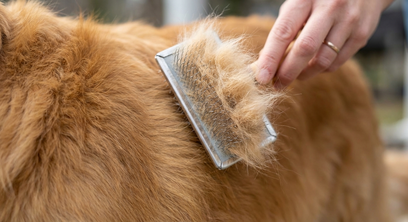 A close-up photo of a slicker brush lifting loose fur from a dog’s coat