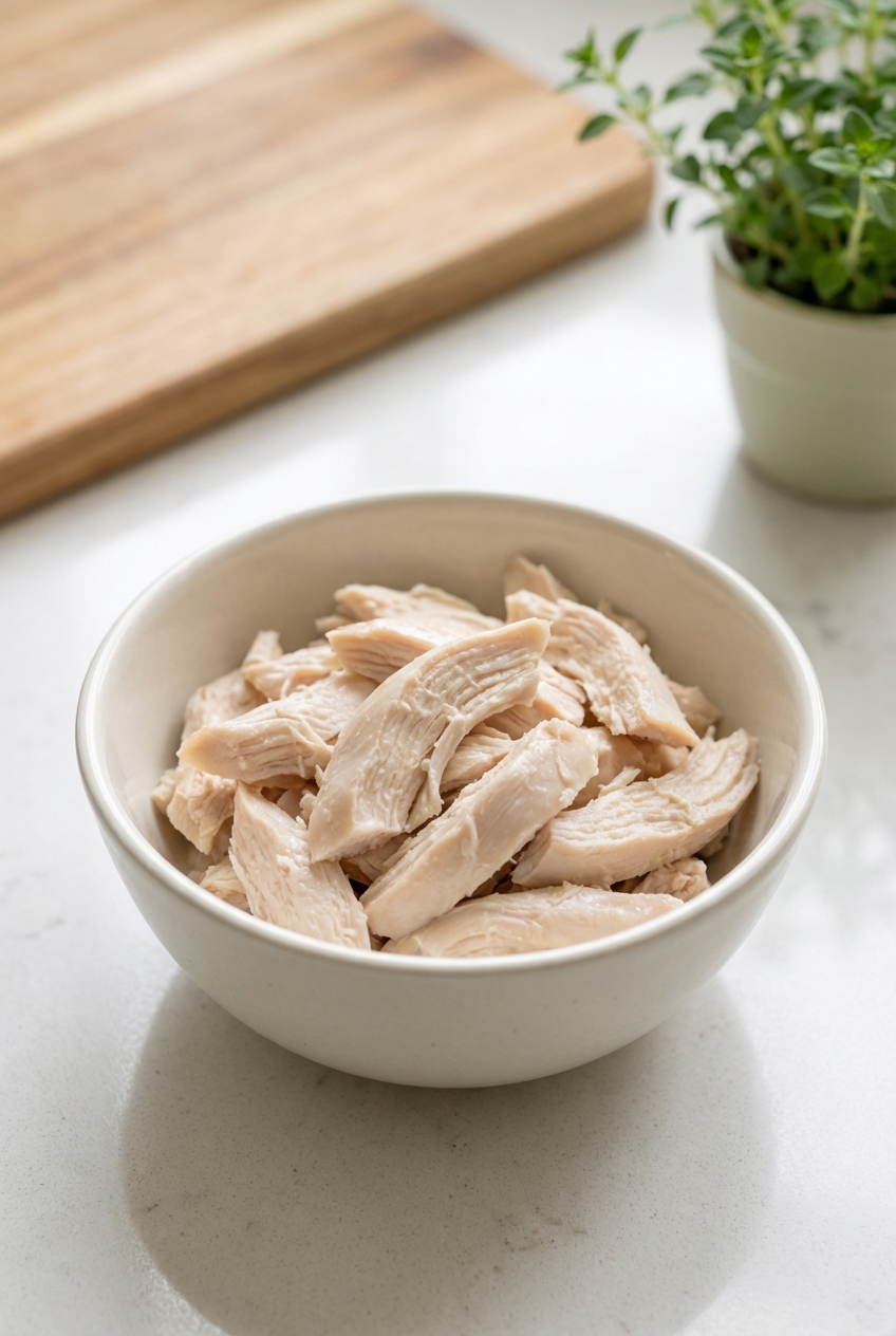 A close-up photo of a small bowl of plain boiled chicken pieces on a countertop