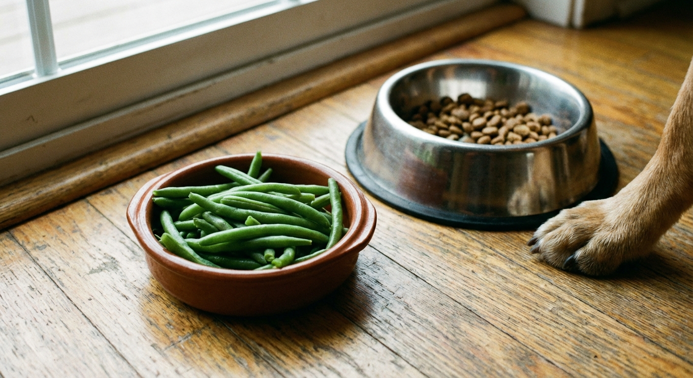 A close-up photo of a small bowl of plain steamed green beans next to a dog food bowl on a kitchen floor