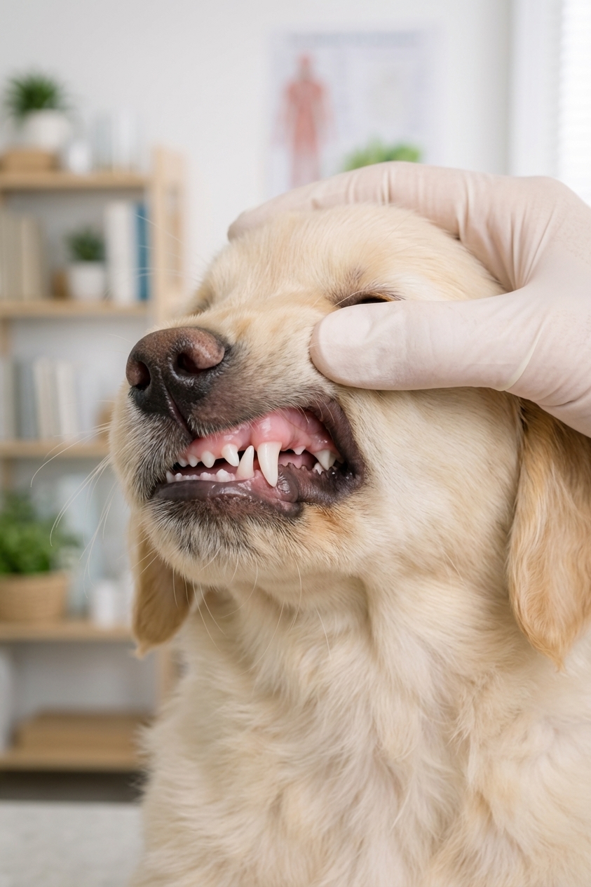 A close-up photo of a small breed puppy with the upper lip gently lifted, showing both a baby canine tooth and an adult canine tooth erupted side by side