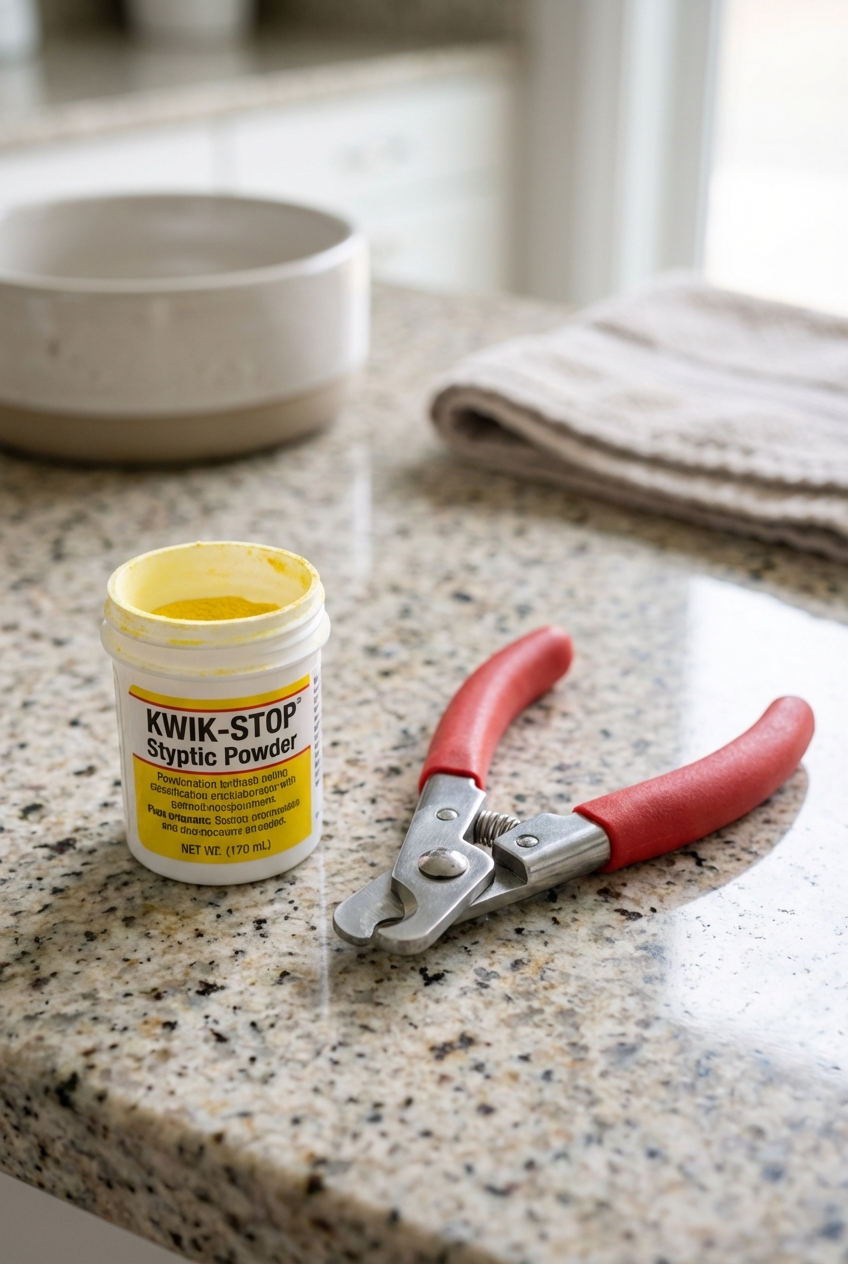 A close-up photo of a small container of styptic powder next to dog nail clippers on a countertop