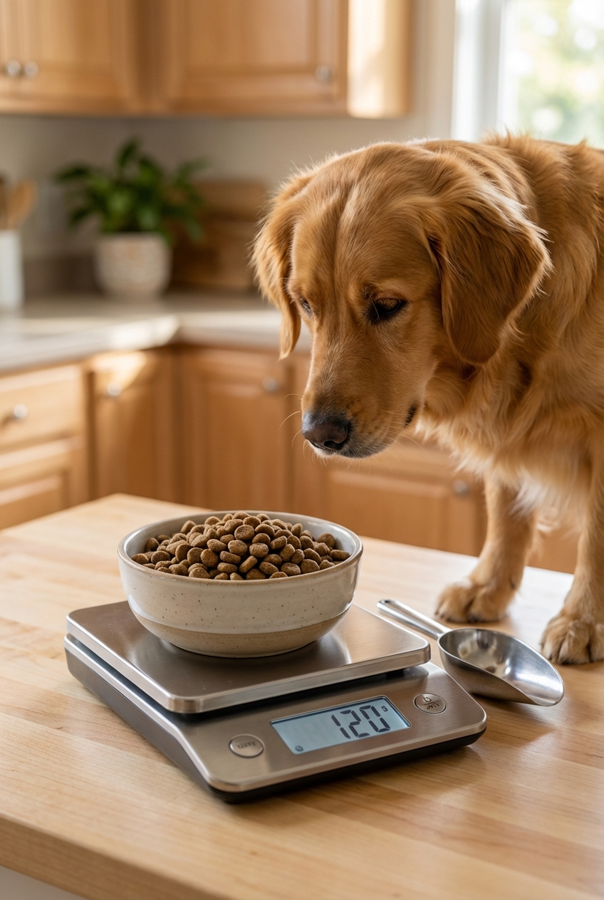 A close-up photo of a small digital kitchen scale with a dog standing nearby