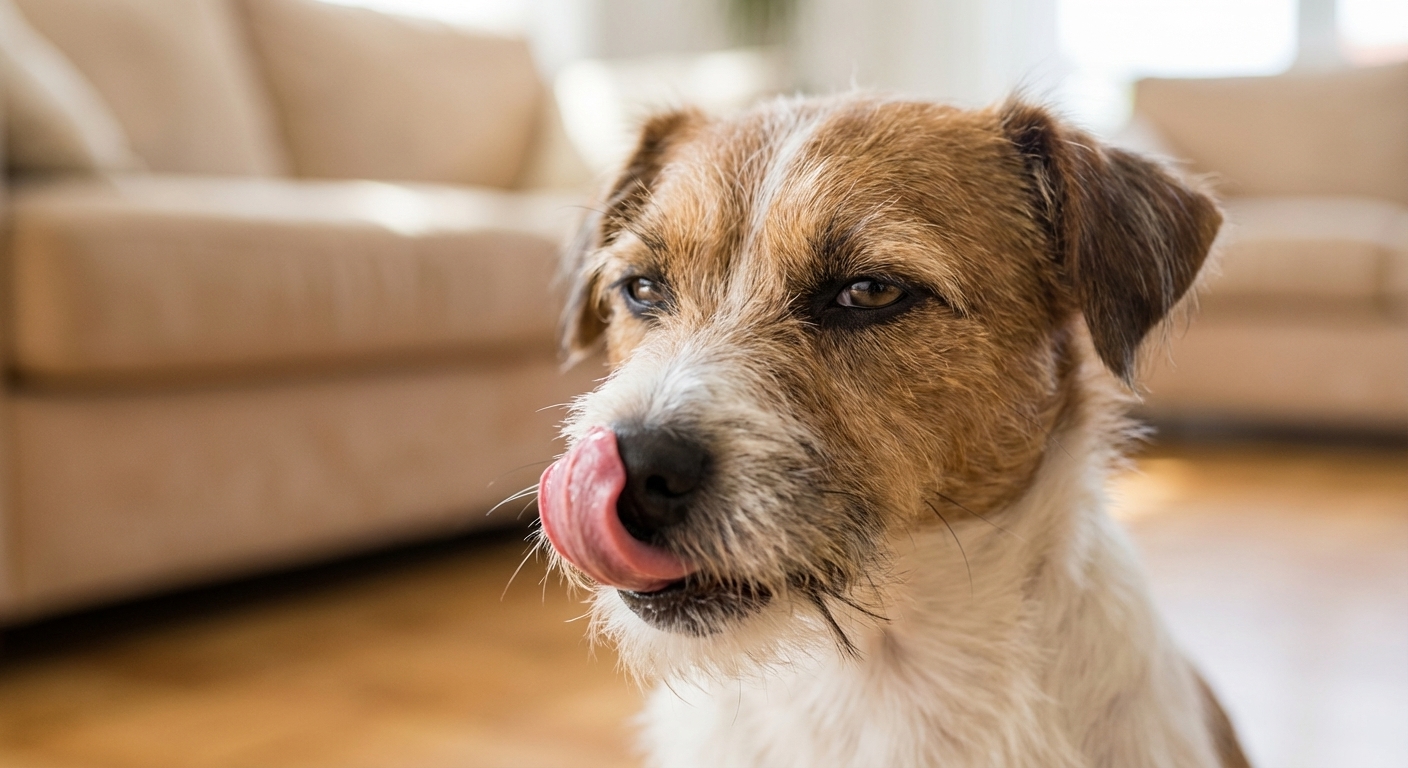 A close-up photo of a small dog indoors licking its lips and looking slightly uncomfortable, shallow depth of field, photorealistic