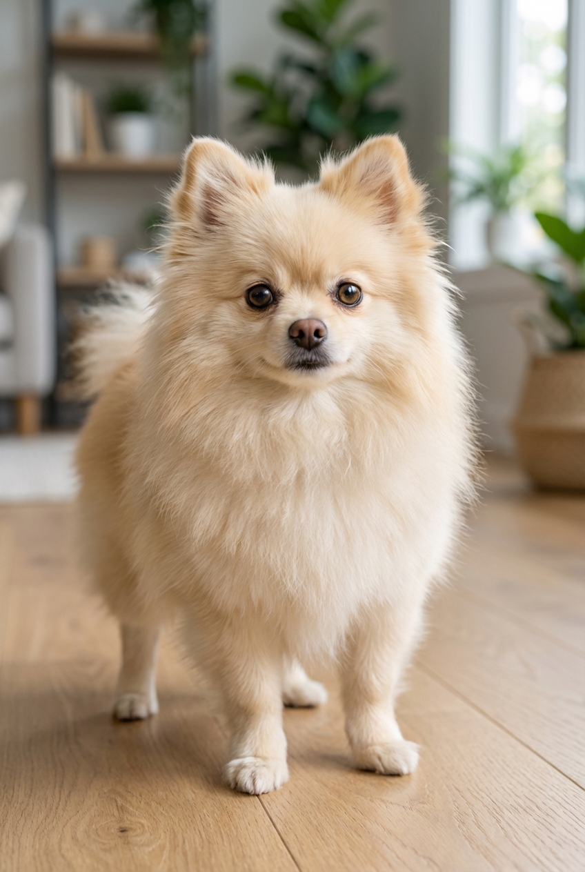 A close-up photo of a small fluffy dog with its mouth closed, looking alert while standing indoors