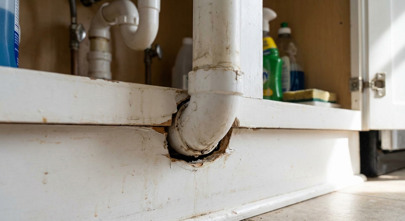 A close-up photo of a small gap around a pipe under a kitchen sink