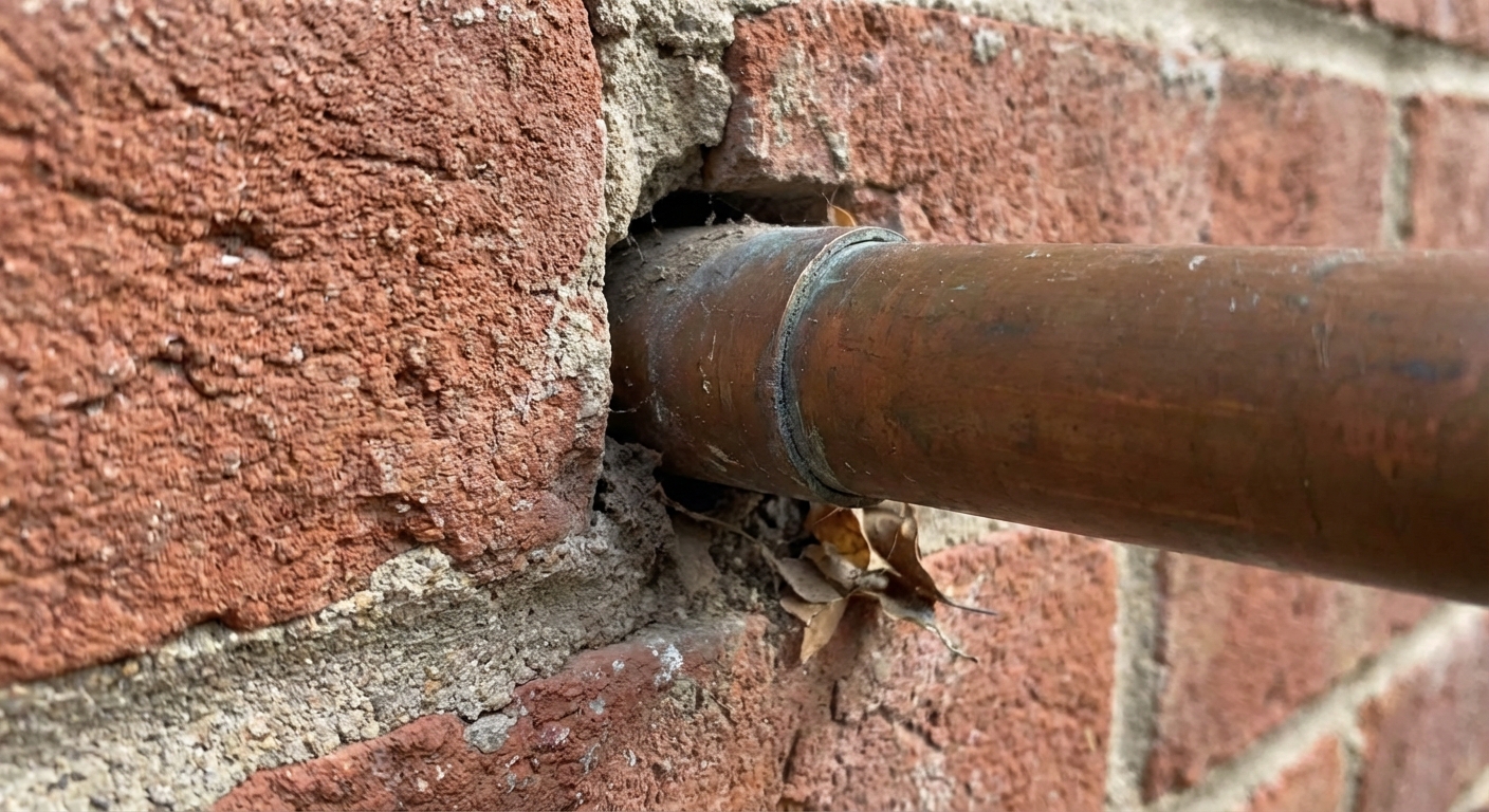 A close-up photo of a small gap around an exterior pipe where it enters a brick wall