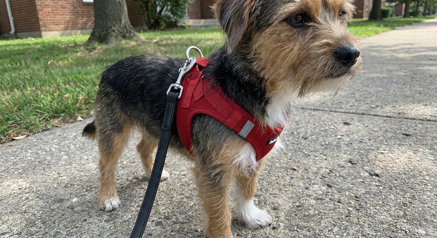 A close-up photo of a small mixed-breed dog wearing a properly fitted chest harness with the leash clipped at the back, outdoors on a sidewalk, natural daylight, photorealistic