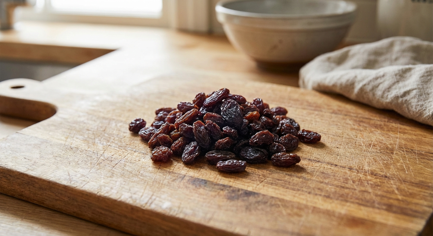 A close-up photo of a small pile of raisins on a wooden cutting board in a home kitchen