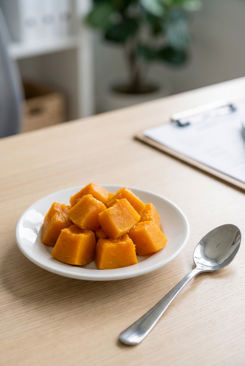 A close-up photo of a small plate with plain steamed pumpkin and a spoon next to it