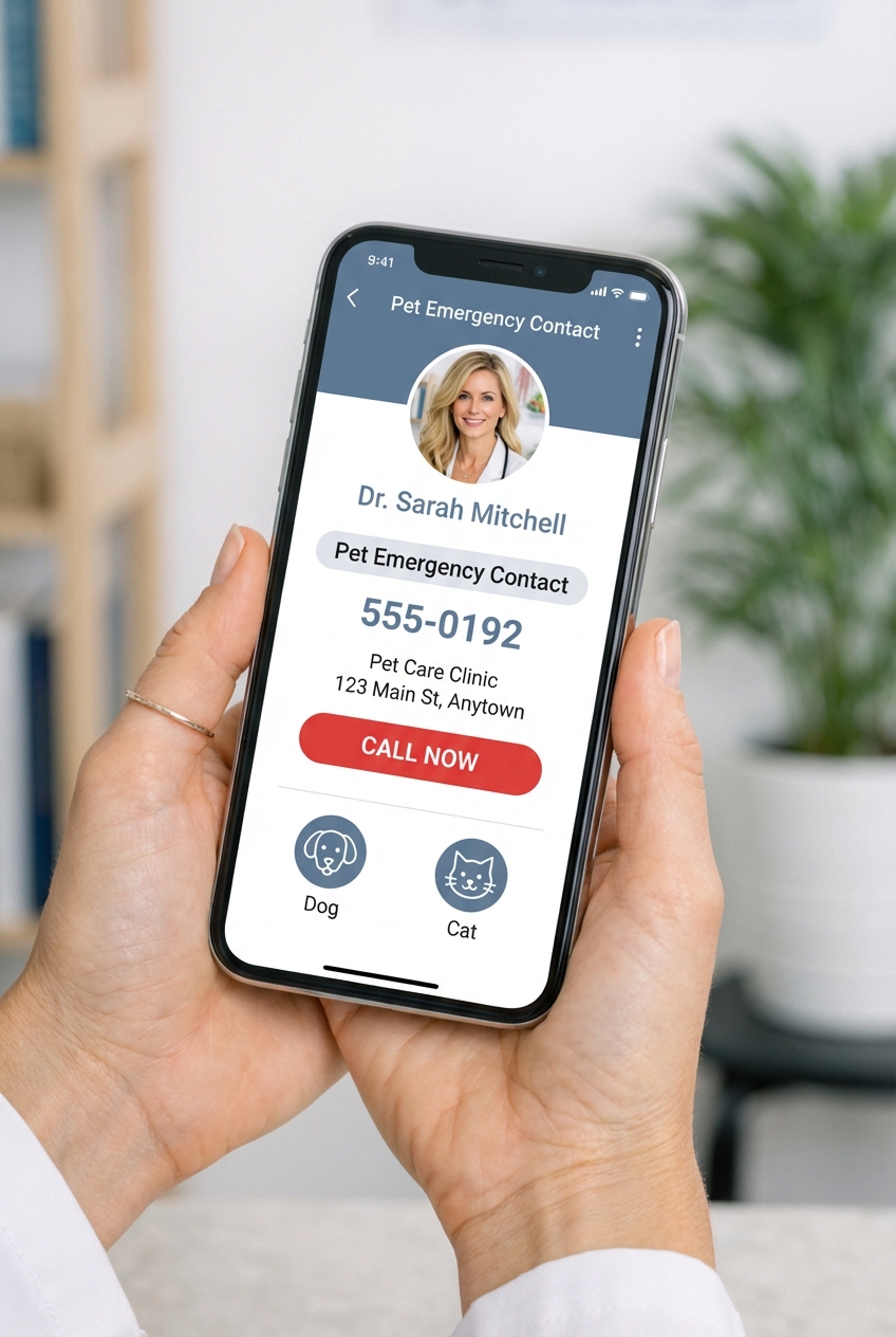 A close-up photo of a smartphone in a hand with a pet emergency contact open on the screen