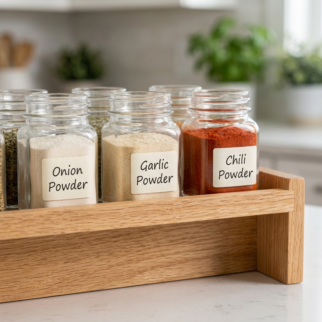 A close-up photo of a spice rack with jars of onion powder, garlic powder, and chili powder on a kitchen shelf