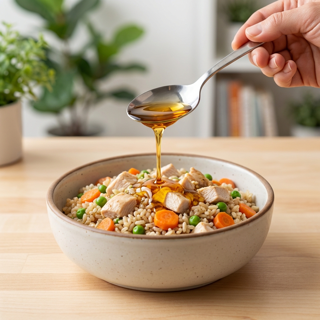 A close-up photo of a spoon drizzling fish oil onto a bowl of cooked dog food