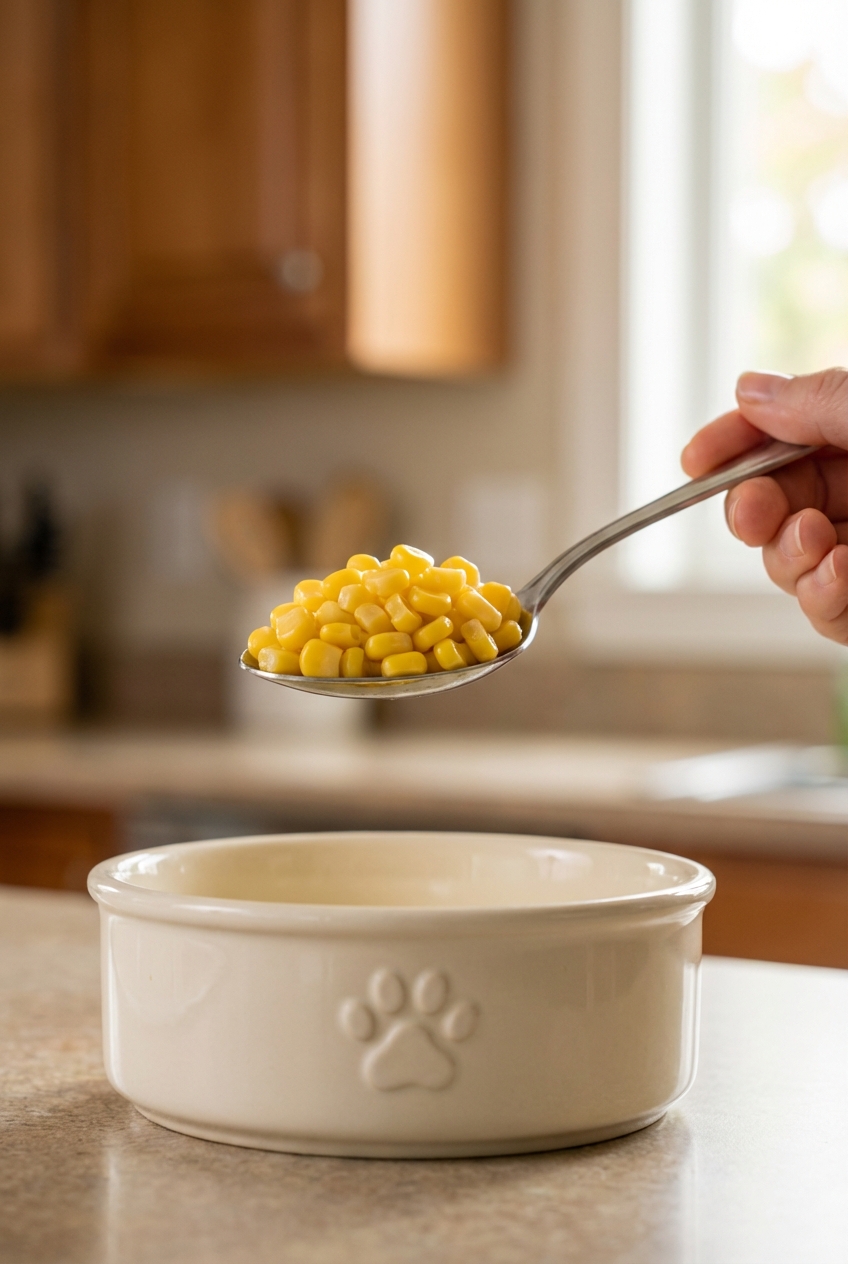 A close-up photo of a spoon holding plain cooked corn kernels over a dog bowl