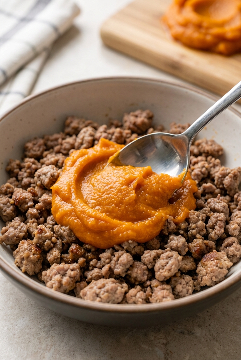 A close-up photo of a spoon mixing plain canned pumpkin into a bowl of cooked ground turkey