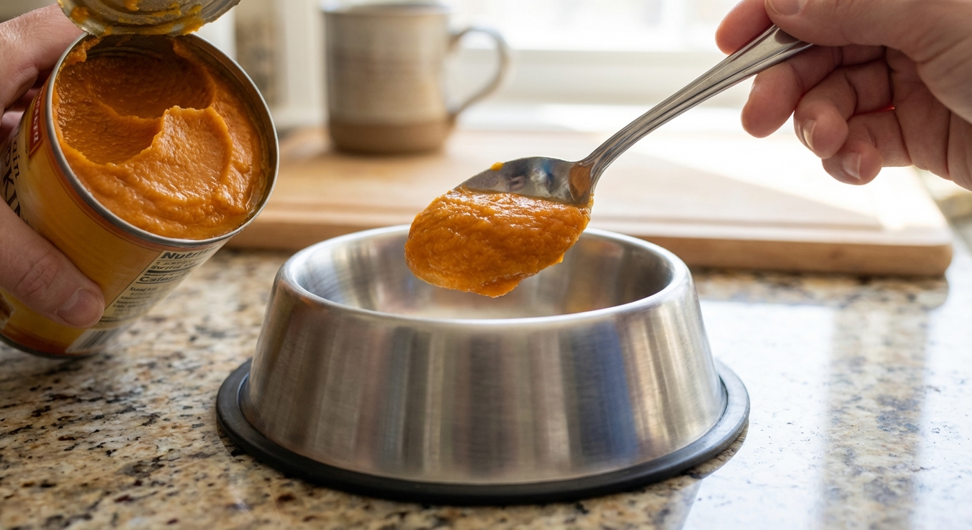 A close-up photo of a spoon scooping plain canned pumpkin into a stainless steel dog bowl