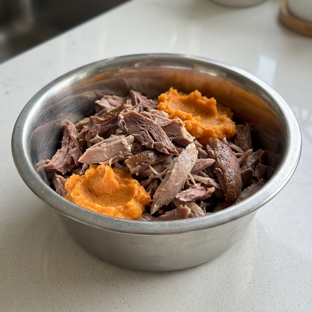 A close-up photo of a stainless steel dog bowl filled with plain cooked duck and mashed sweet potato