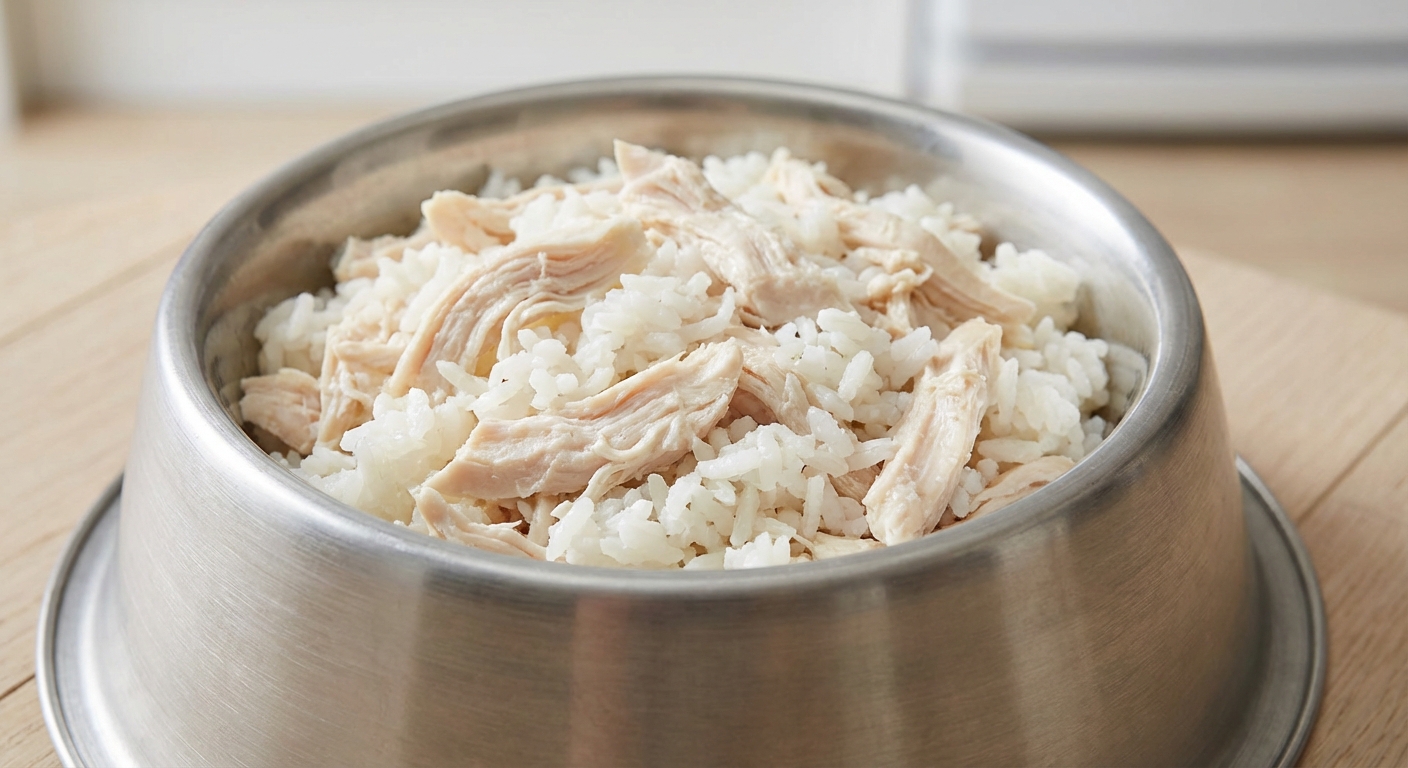 A close-up photo of a stainless steel dog bowl filled with plain shredded chicken and cooked white rice