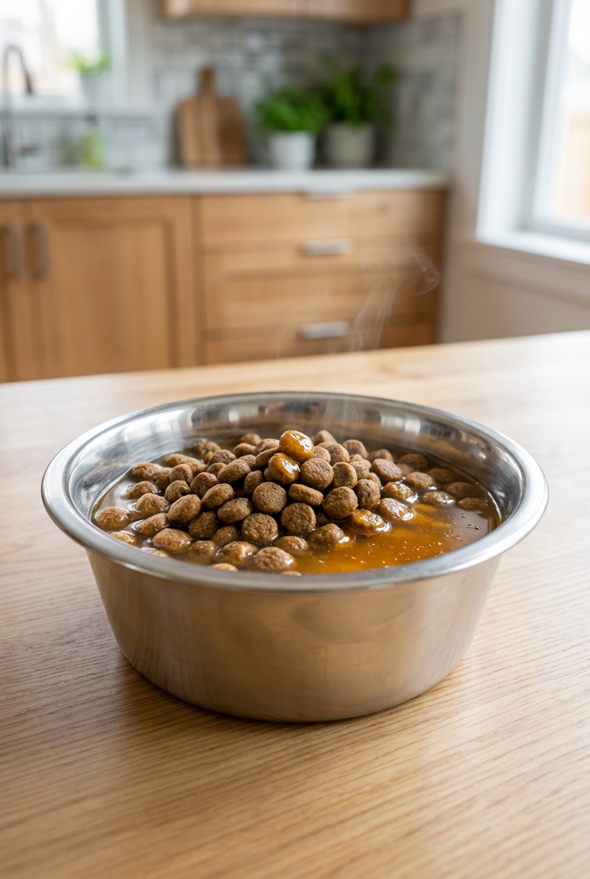A close-up photo of a stainless steel dog bowl with kibble and a small amount of warm broth in a kitchen setting