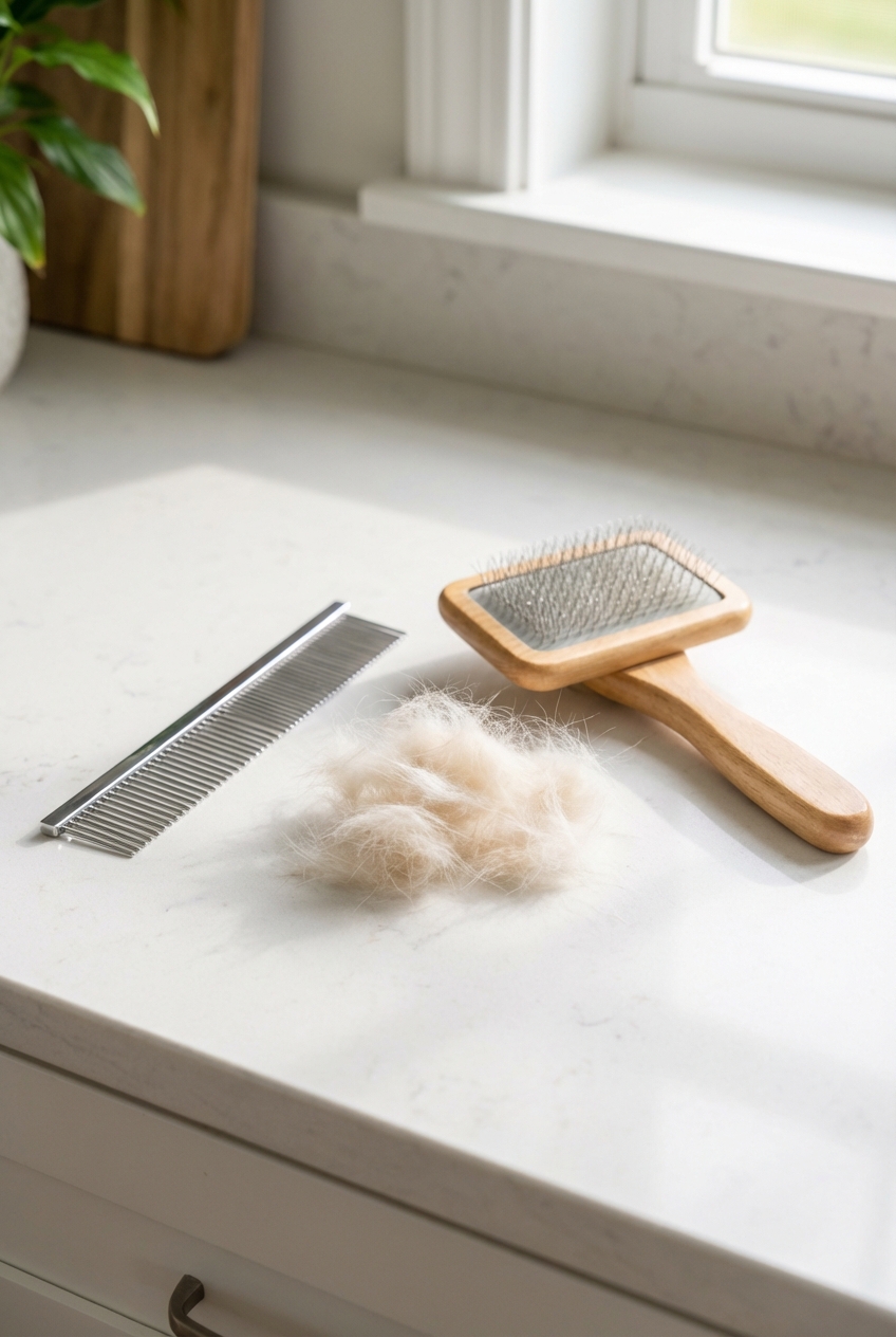 A close-up photo of a stainless steel pet comb and a slicker brush on a countertop next to a small pile of loose cat fur
