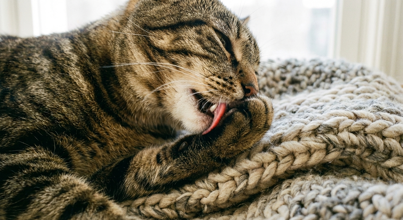 A close-up photo of a tabby cat grooming its paw while resting on a soft blanket