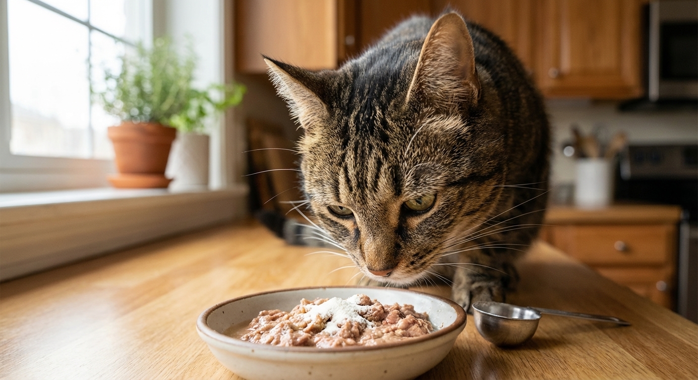 A close up photo of a tabby cat sniffing a small bowl of wet cat food with a measured scoop of probiotic powder sprinkled on top, natural window light, realistic home kitchen setting