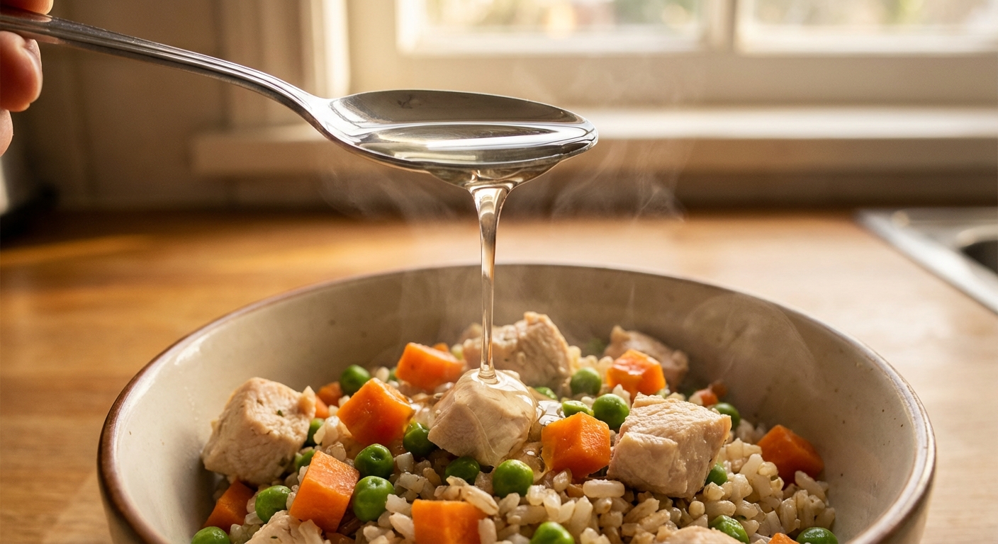 A close-up photo of a teaspoon of clear MCT oil being drizzled onto a bowl of freshly prepared dog food with visible chicken and vegetables, warm kitchen lighting, photorealistic