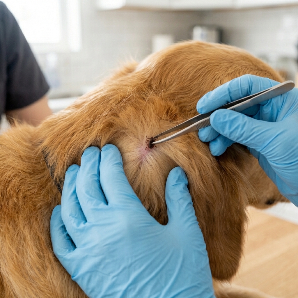 A close-up photo of a tick held in fine-tipped tweezers just above a dog's skin with fur parted