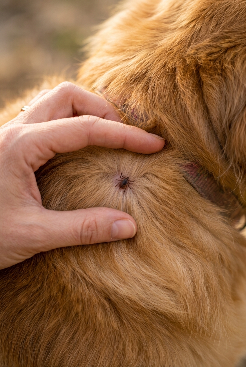 A close-up photo of a tick on a dog’s fur as a person parts the hair with their fingers