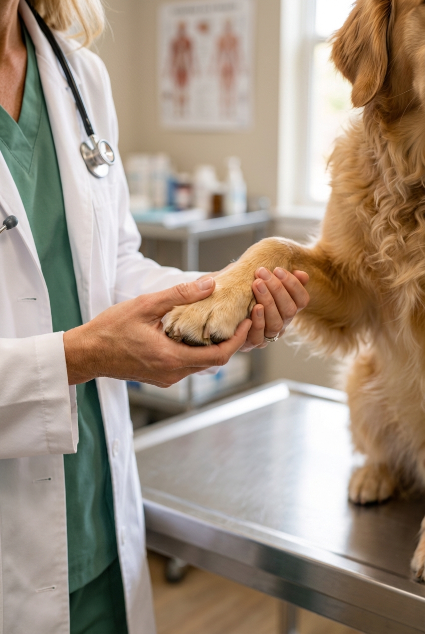 A close-up photo of a veterinarian gently holding a dog’s paw during an exam in a clinic room