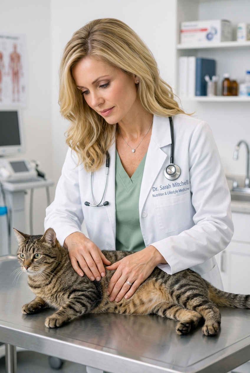 A close-up photo of a veterinarian gently palpating a cat's abdomen on an exam table