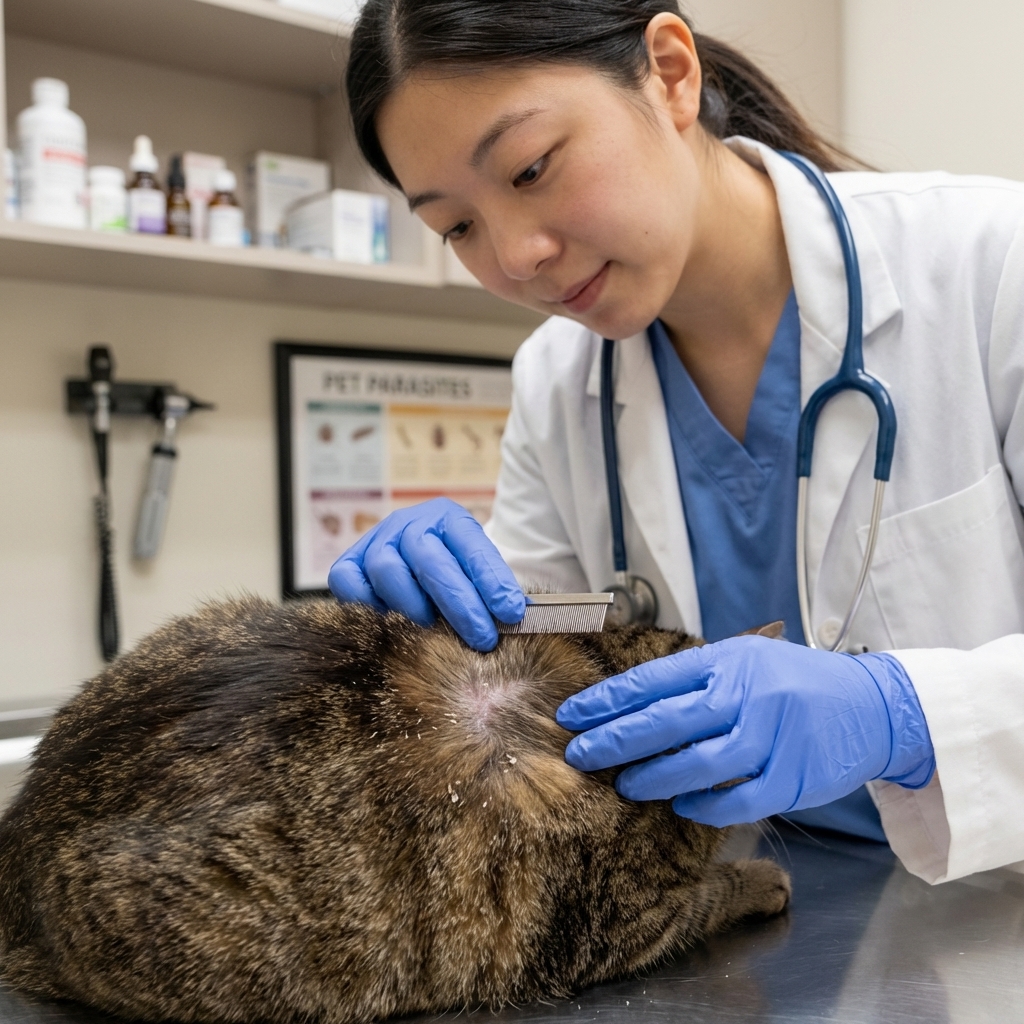 A close-up photo of a veterinarian gently parting a cat's fur to examine mild dry flakes on the skin, clinic setting, soft neutral lighting, photorealistic veterinary photography