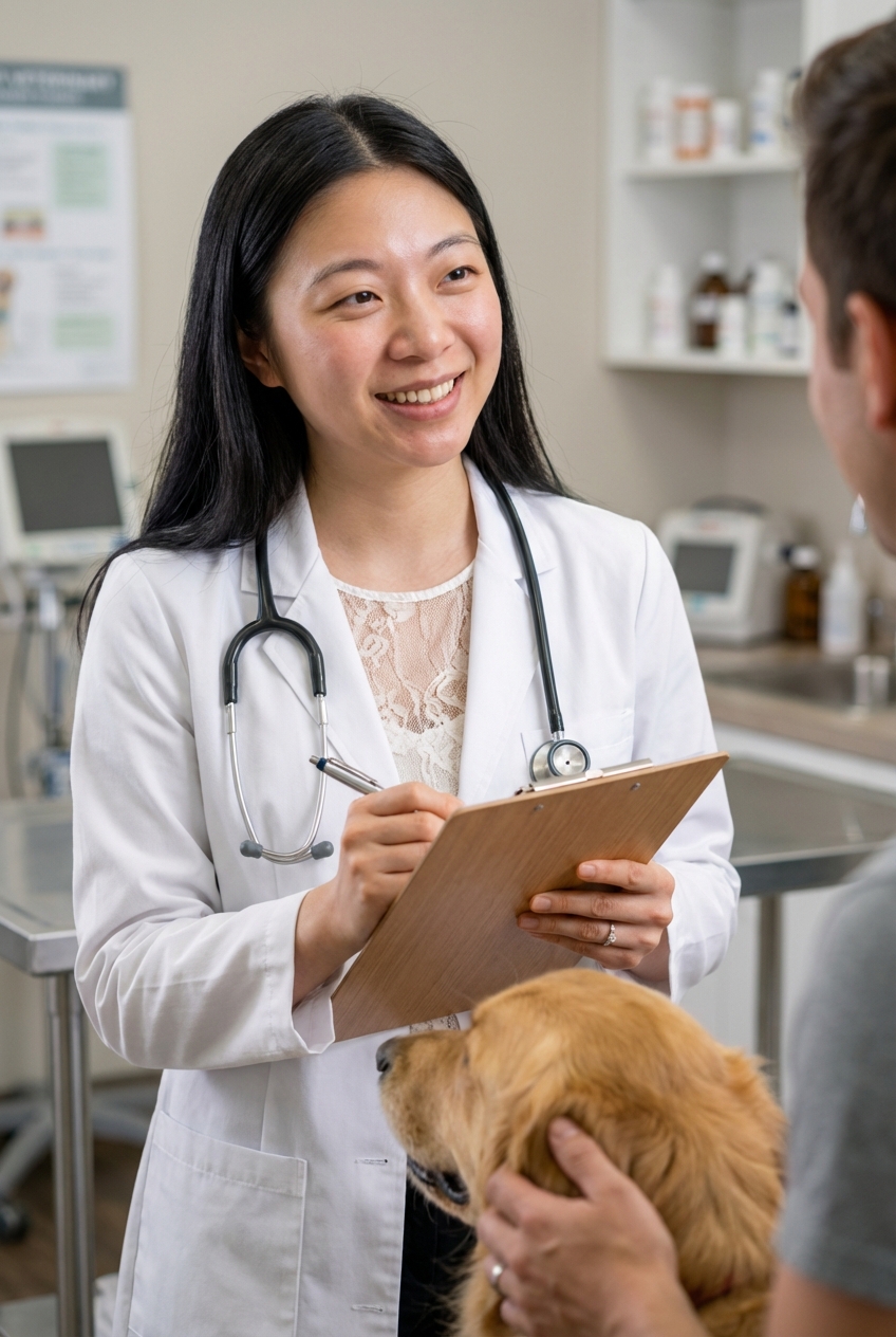 A close-up photo of a veterinarian holding a clipboard while speaking with a dog owner in an exam room