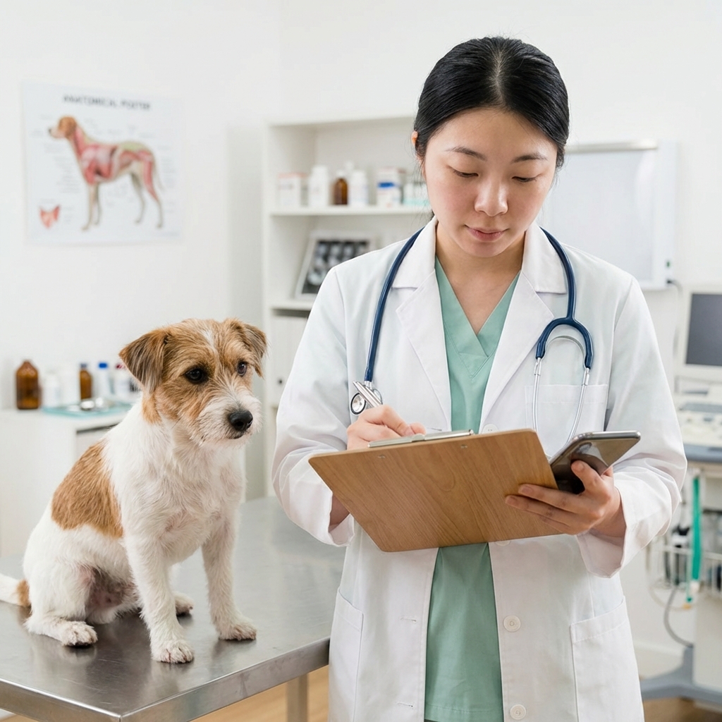 A close-up photo of a veterinarian holding a phone and writing notes on a clipboard next to a small dog on an exam table