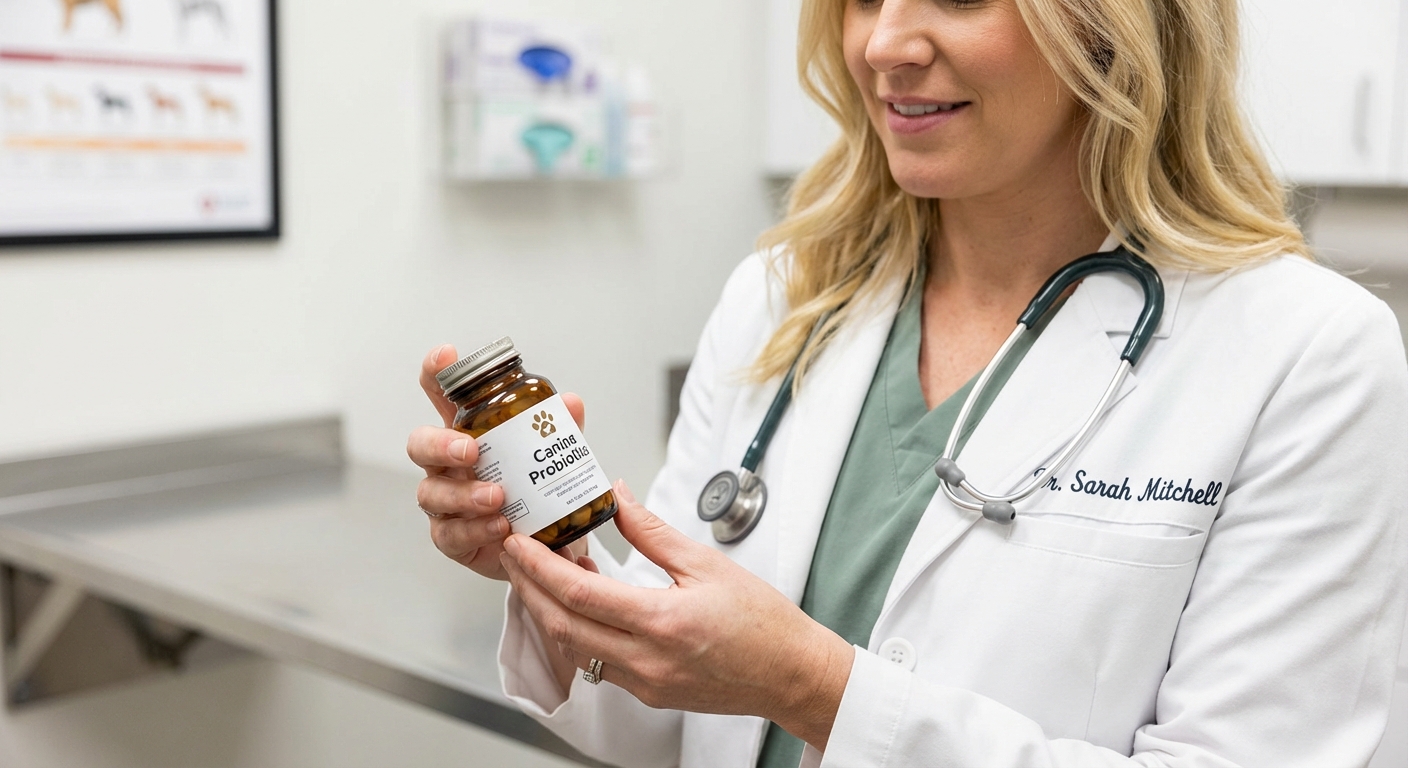 A close-up photo of a veterinarian holding a small container of canine probiotics in a clinic exam room