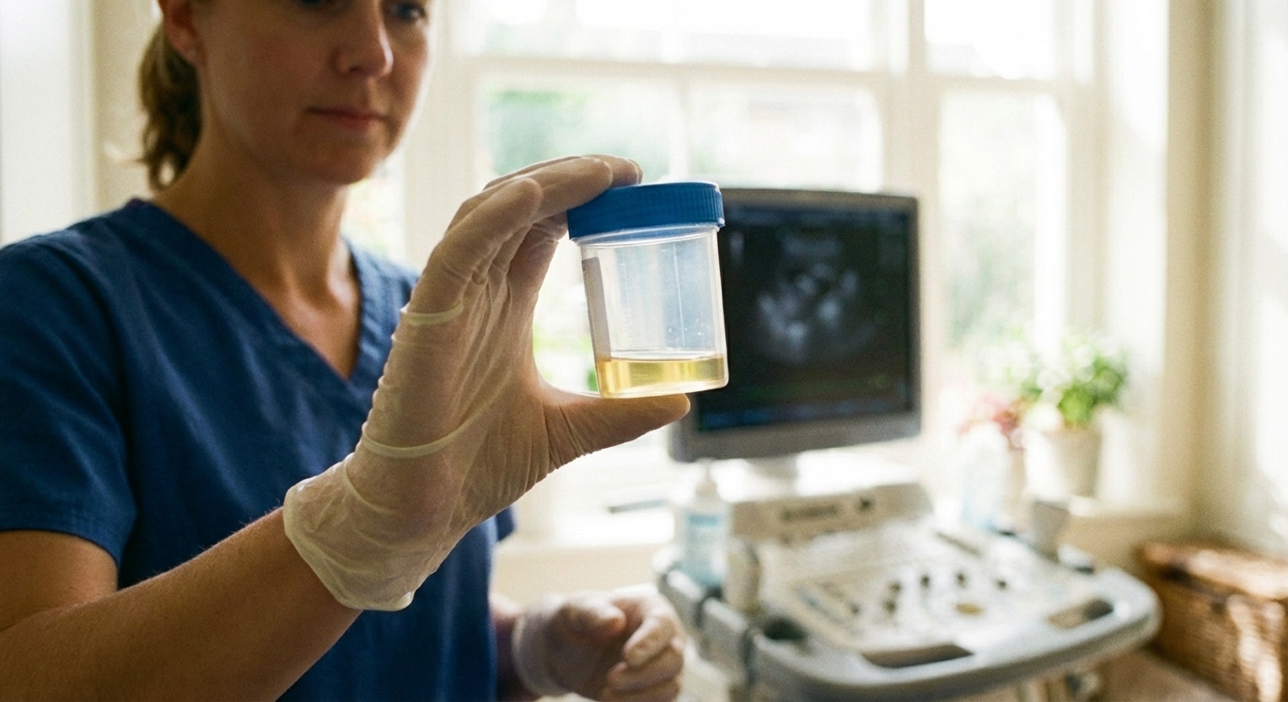 A close-up photo of a veterinarian holding a sterile urine sample container in a clinic setting
