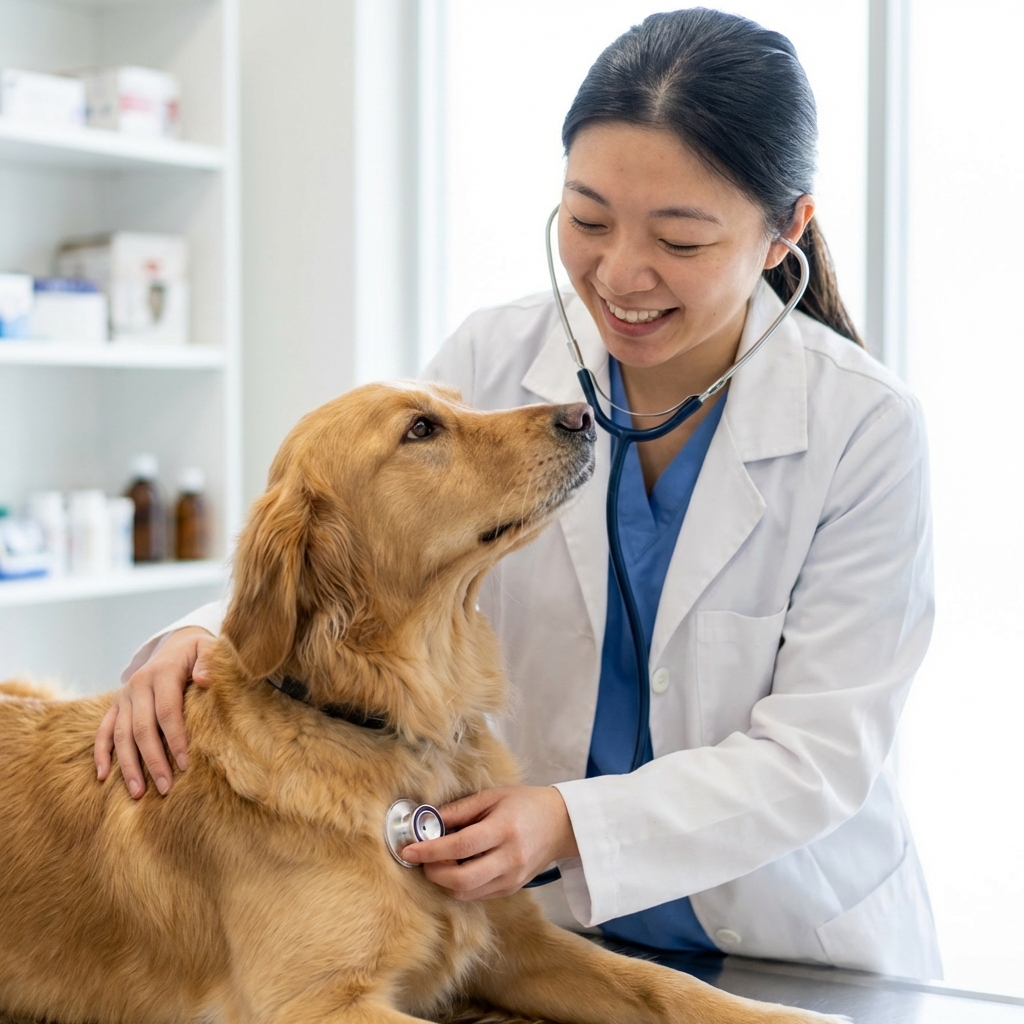 A close-up photo of a veterinarian holding a stethoscope while gently listening to a dog’s chest