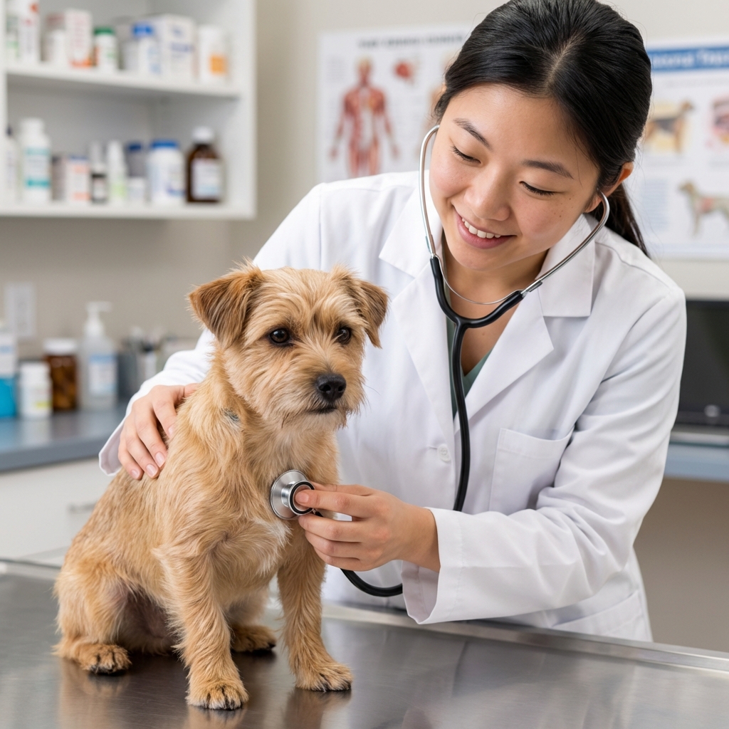 A close-up photo of a veterinarian holding a stethoscope while examining a small dog on an exam table