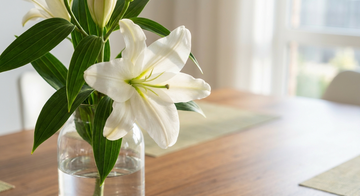 A close-up photo of a white lily in a glass vase on a dining table
