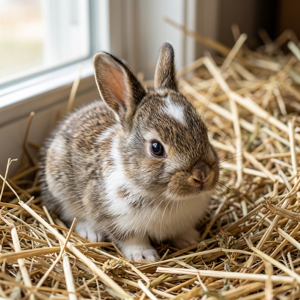 A close-up photo of a young rabbit kit with eyes open sitting on clean hay bedding, natural window light, photorealistic