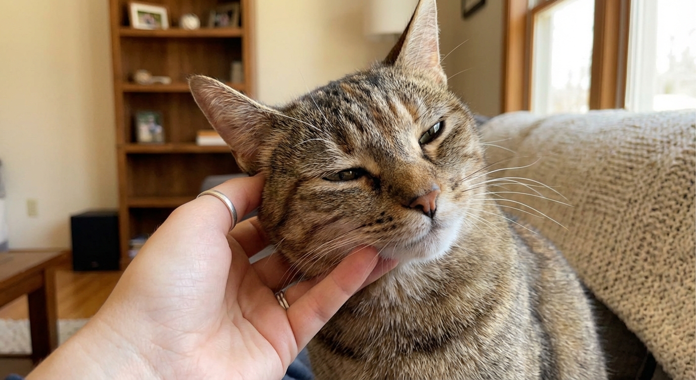 A close-up photo of an adult cat rubbing her cheek against a person’s hand indoors