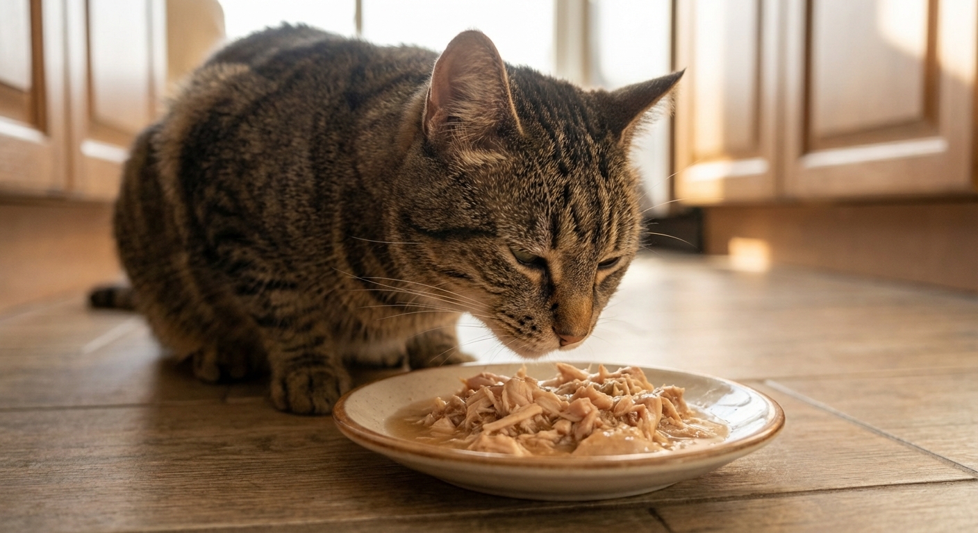 A close-up photo of an adult cat sniffing a small bowl of wet food on a kitchen floor