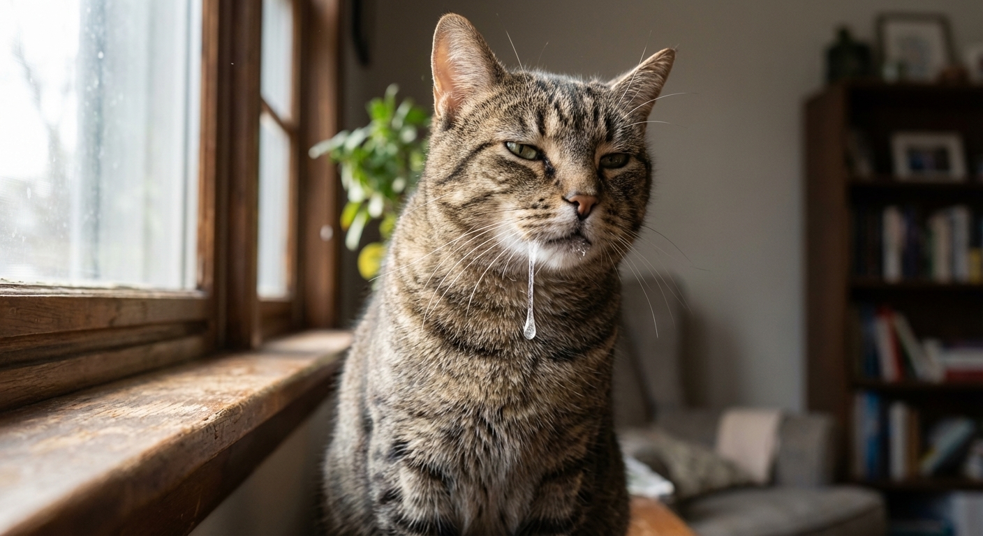 A close-up photo of an adult domestic shorthair cat sitting indoors with visible drool at the corner of the mouth, natural window light, realistic photography