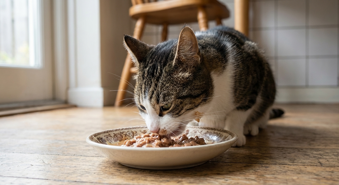 A close-up photo of an adult domestic shorthaired cat eating wet food from a ceramic bowl on a kitchen floor with natural window light