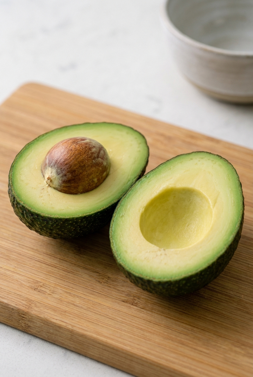 A close-up photo of an avocado cut in half with the pit visible