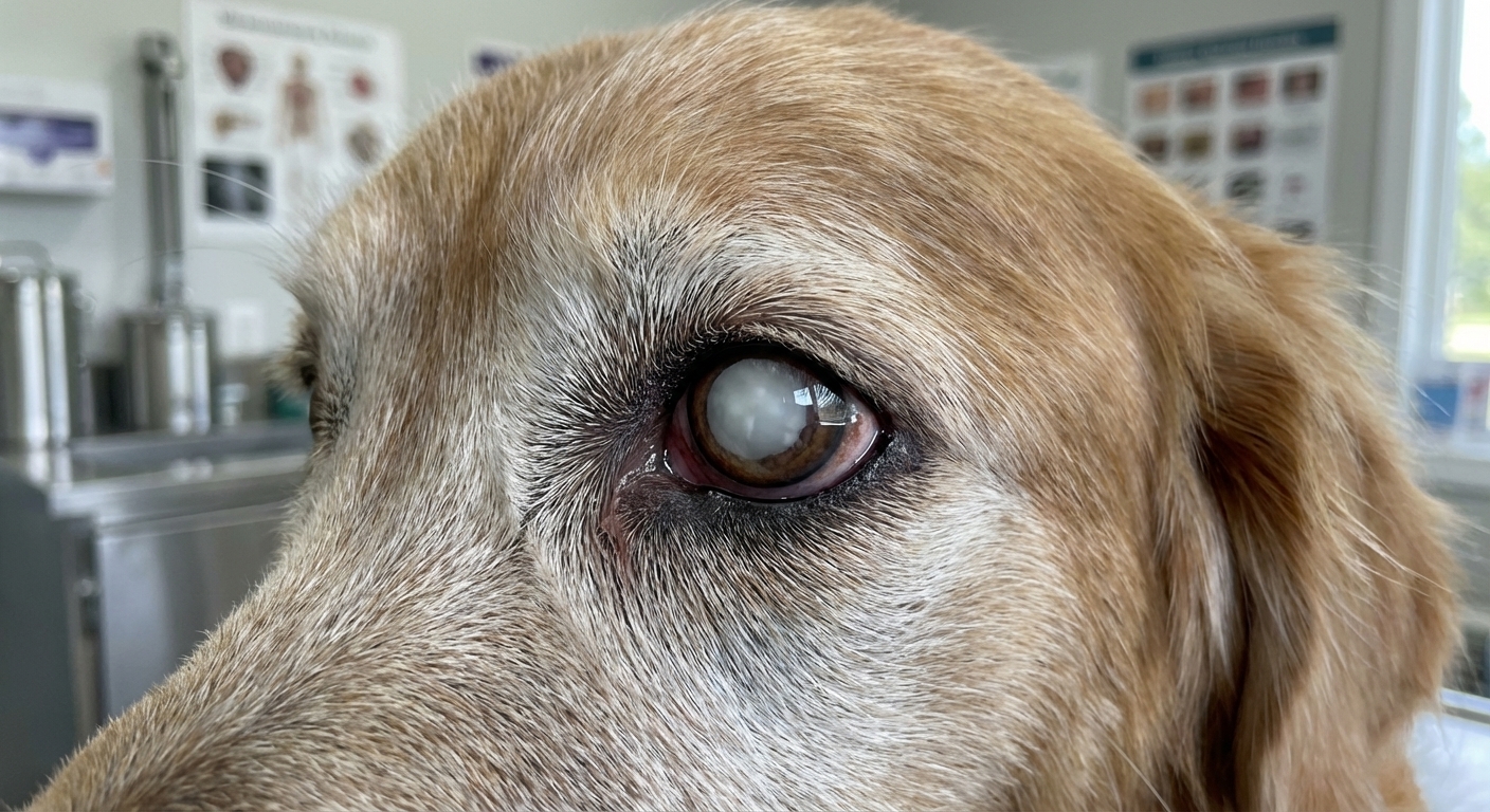 A close-up photo of an older dog’s eye with a dense white cataract visible behind the pupil, soft natural lighting, photorealistic veterinary clinical style