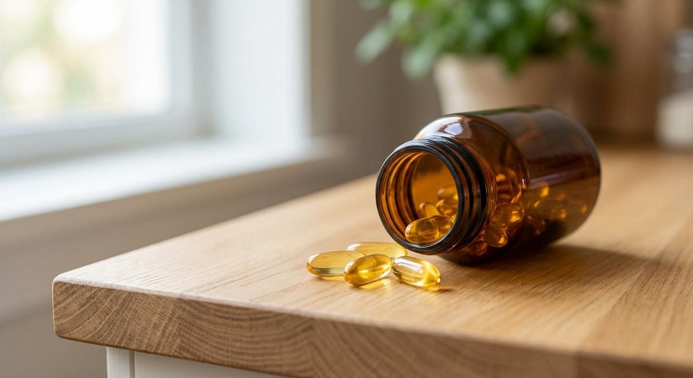 A close-up photo of an open amber supplement bottle with a few omega-3 softgel capsules on a wooden countertop, soft natural light, photorealistic